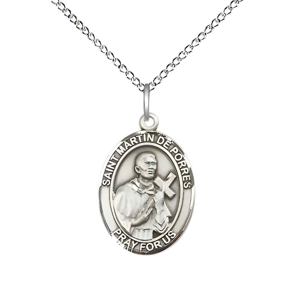 Medium Saint Martin de Porres Sterling Silver Oval Medal Pendant with Sterling Silver Curb Chain in Deluxe Gift Box | Bliss Manufacturing