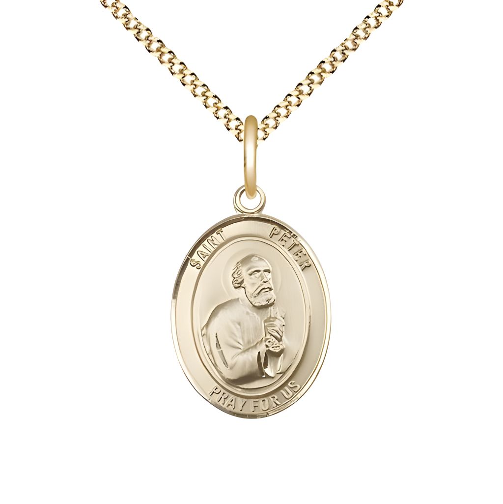 Bliss St. Peter the Apostle 14kt Gold-filled Round Medal Pendant with Gold-plated Chain, Measures 3/4-inch tall by 5/8-inch wide.