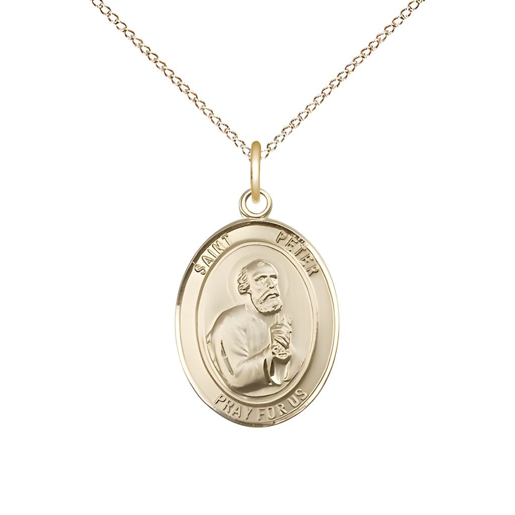 Bliss St. Peter the Apostle 14kt Gold-filled Round Medal Pendant with Gold-filled Chain, Measures 3/4-inch tall by 5/8-inch wide.