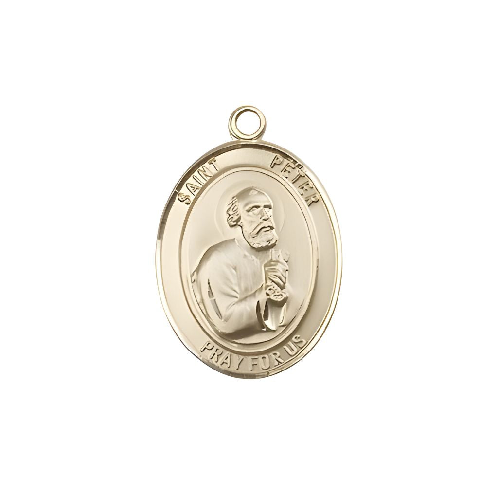 Bliss St. Peter the Apostle 14kt Gold Oval Medal Pendant, Measures 3/4-inch tall by 1/2-inch wide.