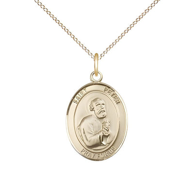 St. Peter the Apostle 14kt Gold Oval Medal Pendant with 14kt Gold Chain, Measures 3/4-inch tall by 1/2-inch wide, Bliss Manufacturing