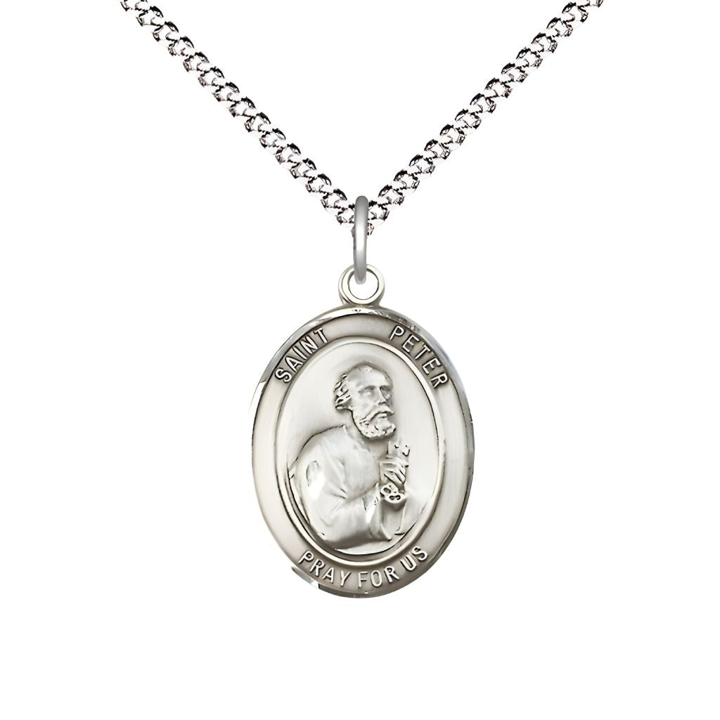 Bliss St. Peter the Apostle Pewter Oval Medal Pendant with Rhodium-plated Chain, Measures 3/4-inch tall by 1/2-inch wide.