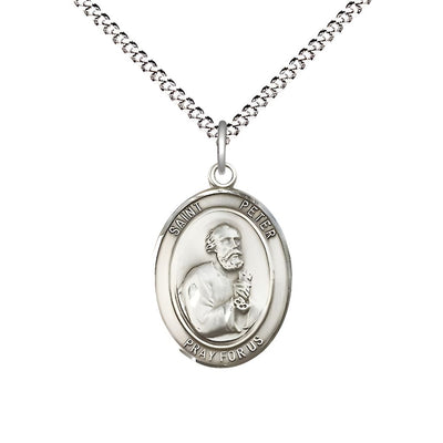 St. Peter the Apostle Pewter Oval Medal Pendant with Rhodium-plated Chain, Measures 3/4-inch tall by 1/2-inch wide, Bliss Manufacturing