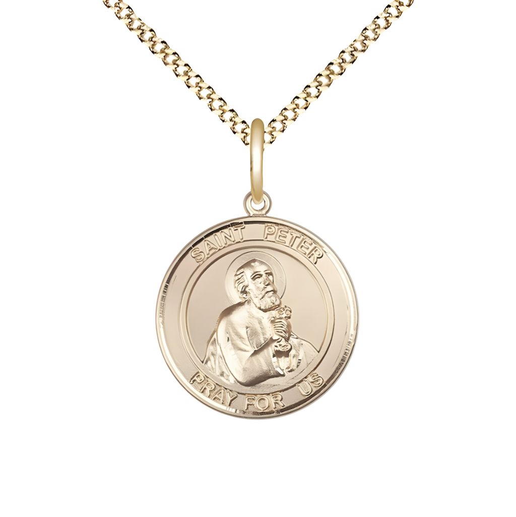 Bliss St. Peter the Apostle 14kt Gold-filled Round Medal Pendant with Gold-plated Chain, Measures 3/4-inch tall by 5/8-inch wide.