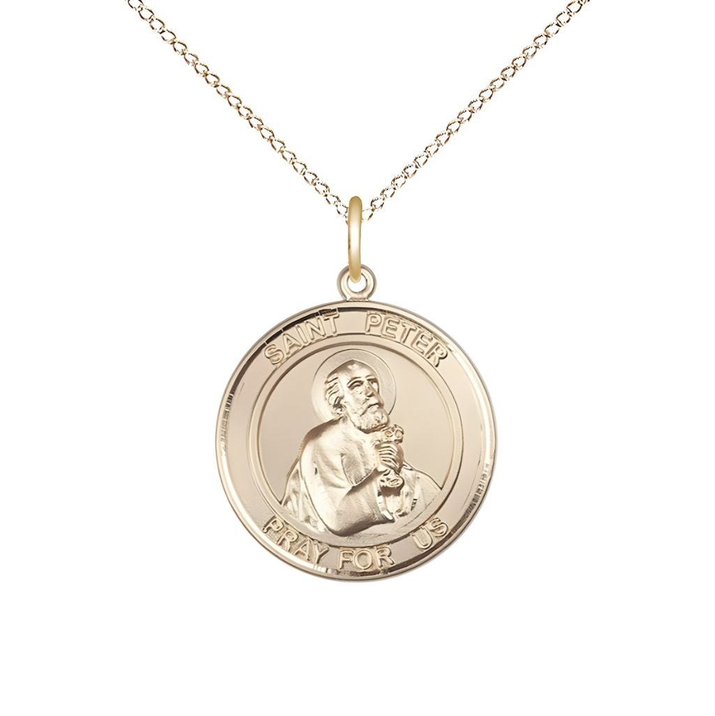 Bliss St. Peter the Apostle 14kt Gold-filled Round Medal Pendant with Gold-filled Chain, Measures 3/4-inch tall by 5/8-inch wide.