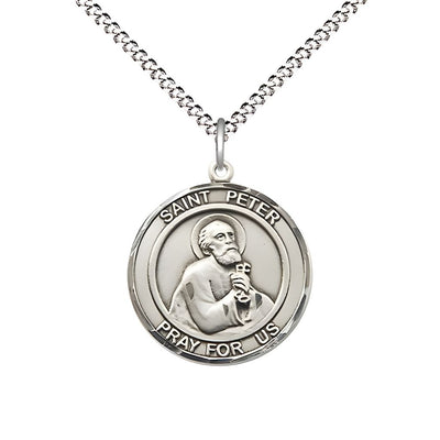 St. Peter the Apostle Pewter Round Medal Pendant with Rhodium-plated Chain, Measures 3/4-inch tall by 5/8-inch wide, Bliss Manufacturing