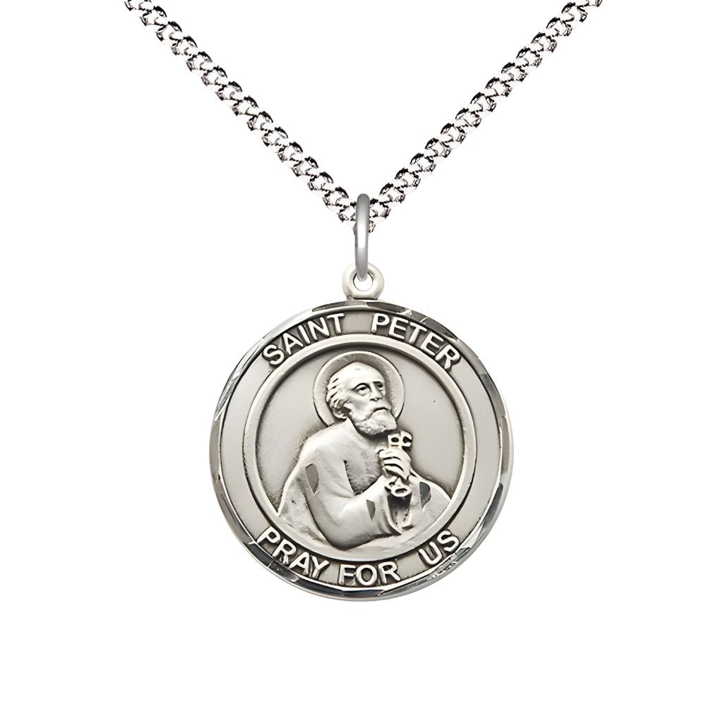 Bliss St. Peter the Apostle Sterling Silver Round Medal Pendant with Rhodium-plated Chain, Measures 3/4-inch tall by 5/8-inch wide.
