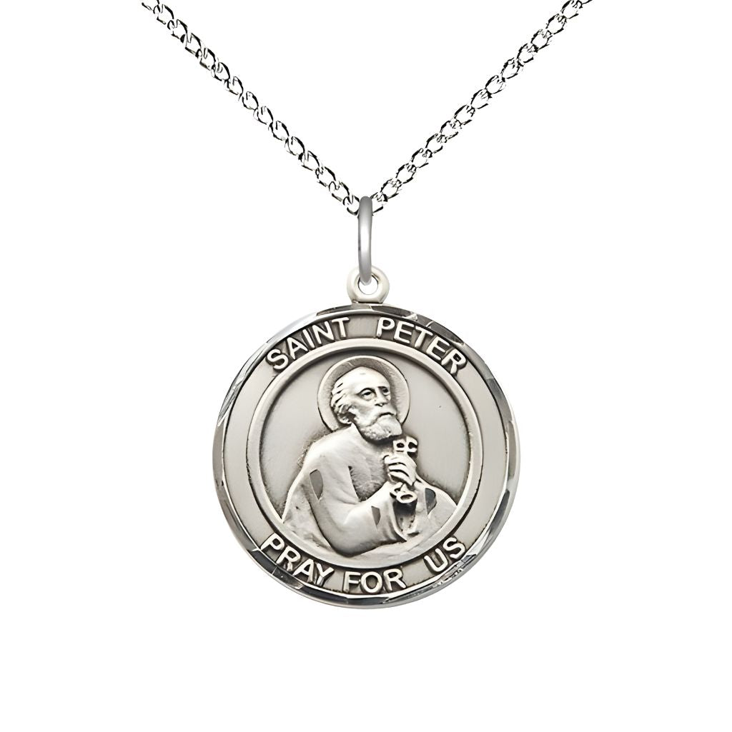 Bliss St. Peter the Apostle Sterling Silver Round Medal Pendant with Sterling Silver Chain, Measures 3/4-inch tall by 5/8-inch wide.