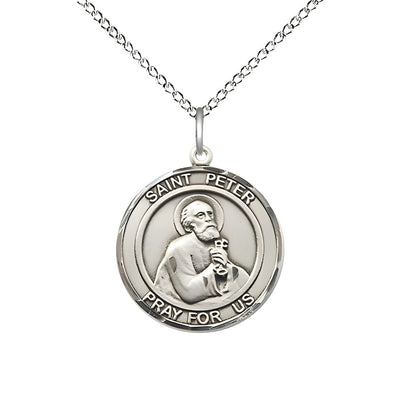 St. Peter the Apostle Sterling Silver Round Medal Pendant with Sterling Silver Chain, Measures 3/4-inch tall by 5/8-inch wide, Bliss Manufacturing