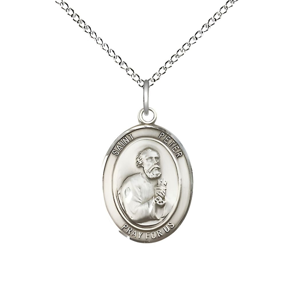 Bliss St. Peter the Apostle Sterling Silver Oval Medal Pendant with Sterling Silver Chain, Measures 3/4-inch tall by 1/2-inch wide.