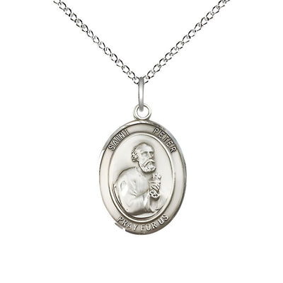 St. Peter the Apostle Sterling Silver Oval Medal Pendant with Sterling Silver Chain, Measures 3/4-inch tall by 1/2-inch wide, Bliss Manufacturing