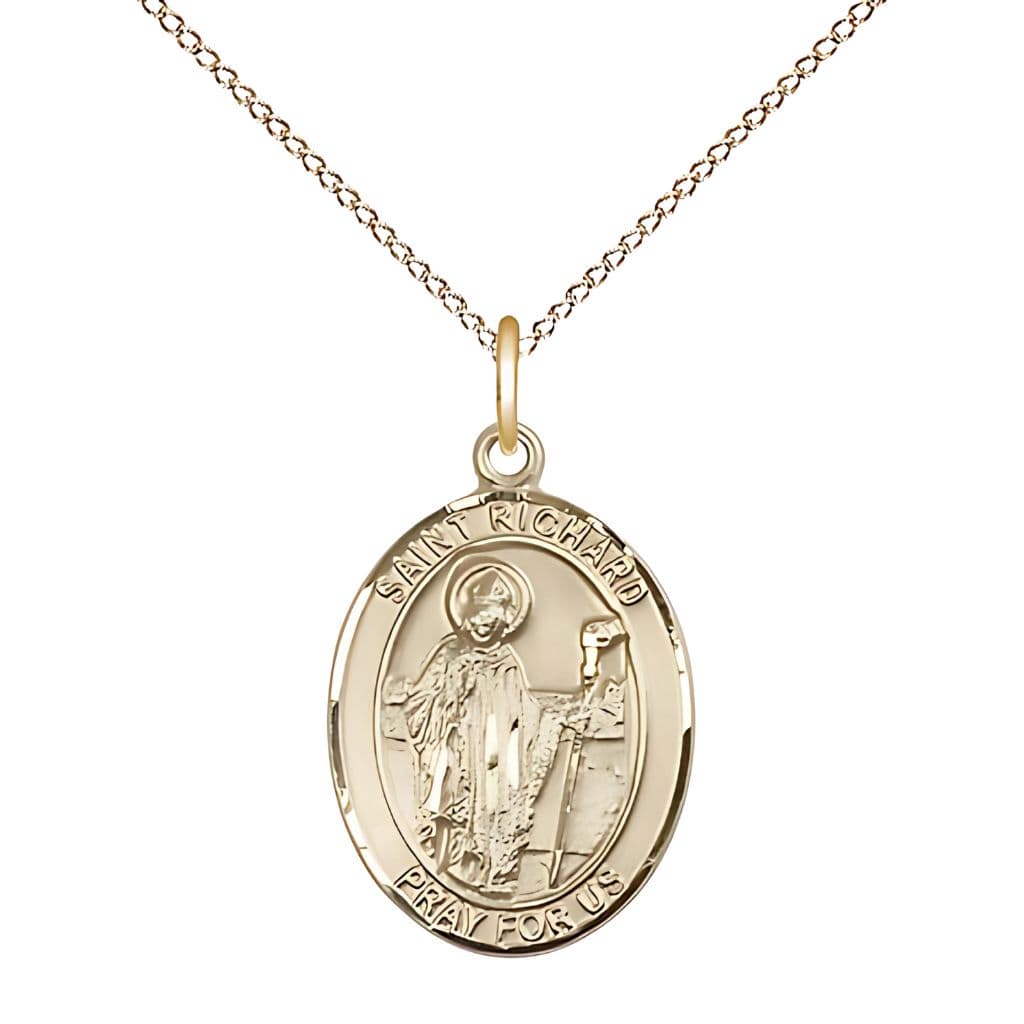 Bliss St. Richard Gold-filled Oval Engravable Medal with Gold-filled Chain, 3/4-inch,