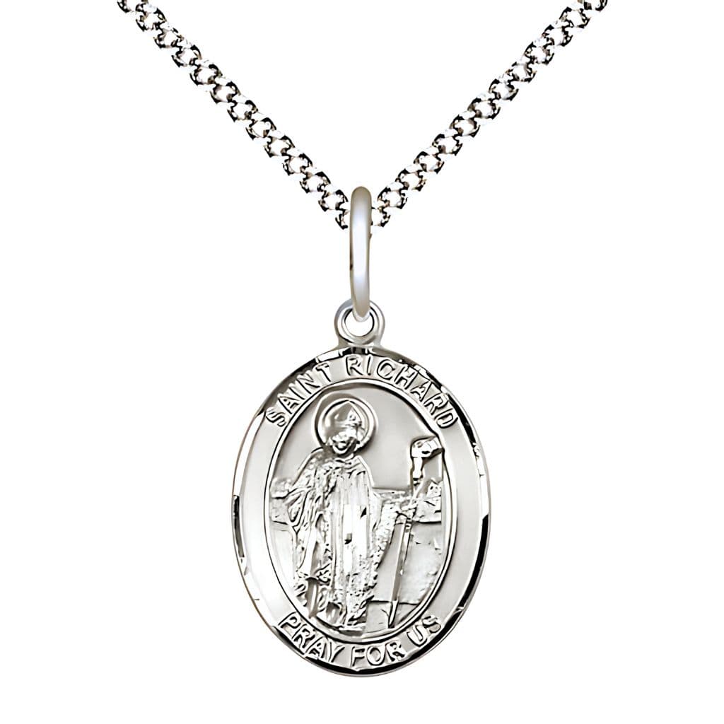 Bliss St. Richard Pewter Oval Engravable Medal Necklace with Rhodium-plated Chain, 3/4-inch,