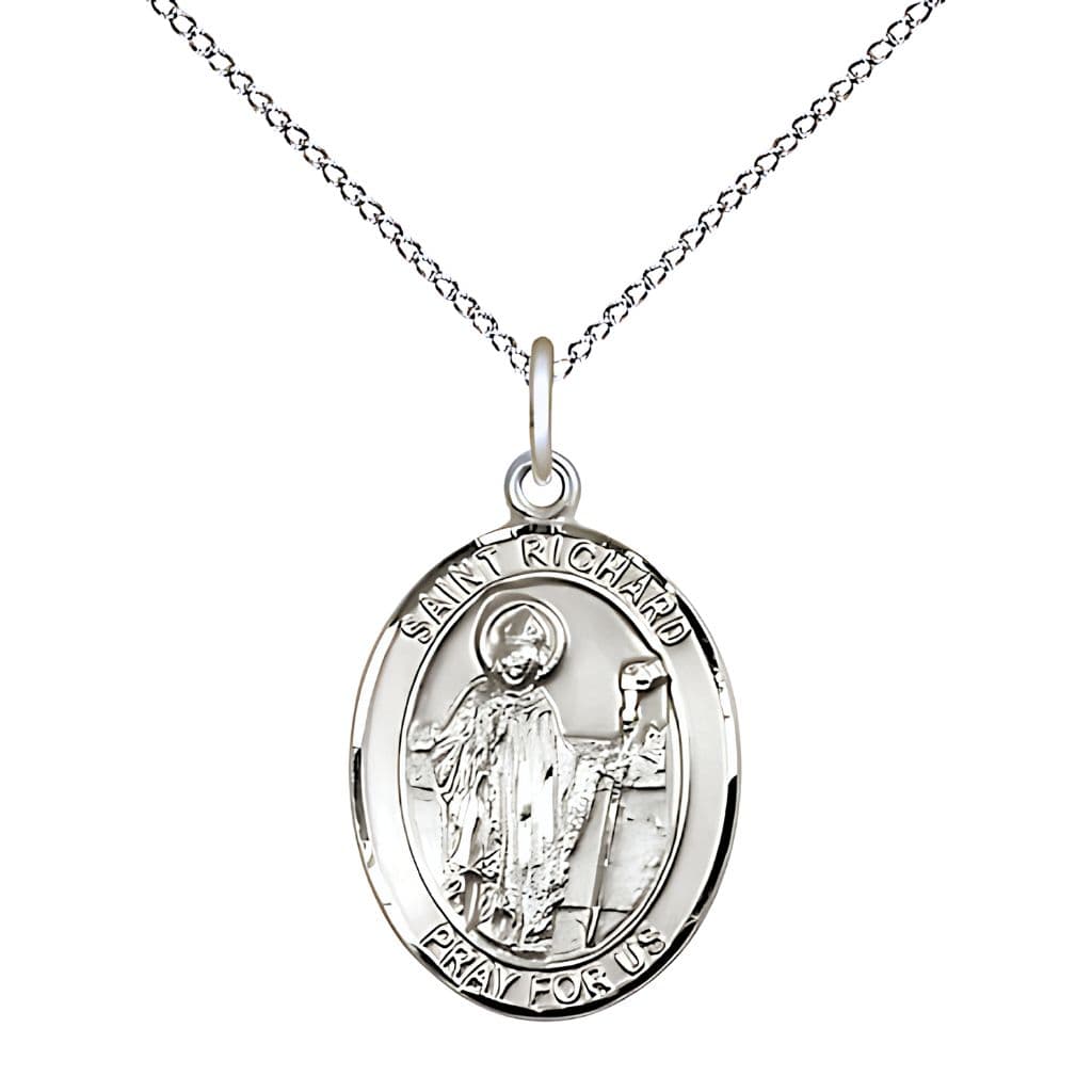 Bliss St. Richard Sterling Silver Oval Engravable Medal Necklace with Sterling Silver Chain, 3/4-inch,