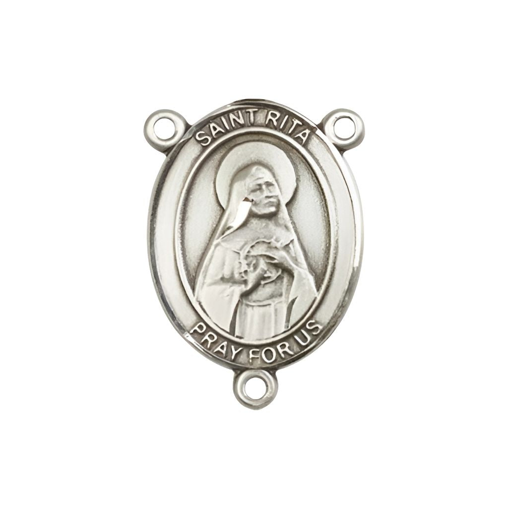 Bliss St. Rita of Cascia Engravable Silver Rosary Centerpiece, Measures 3/4-inch tall by 1/2-inch wide