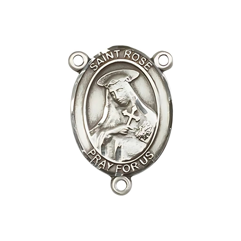 Bliss St. Rose of Lima Engravable Silver Rosary Centerpiece, Measures 3/4-inch by 1/2-inch