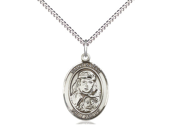 Bliss Medium Engravable St Sarah Pewter Medal with Rhodium Light Curb Chain,