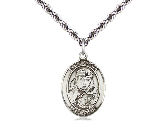 Bliss Medium Engravable St Sarah Pewter Medal with Plated Rope Chain,