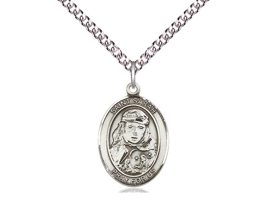 Bliss Medium Engravable St Sarah Sterling Silver Medal Necklace with Sterling Silver Curb Chain,