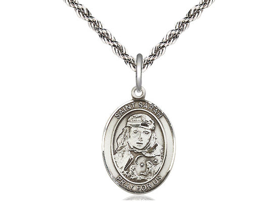 Bliss Medium Engravable St Sarah Sterling Silver Medal Necklace with Sterling Silver Rope Chain,