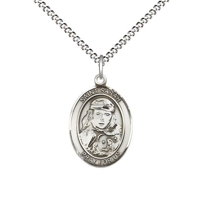 St. Sarah Pewter Oval Medal Pendant with Rhodium-plated Chain, Measures 3/4-inch tall by 1/2-inch wide, Bliss Manufacturing