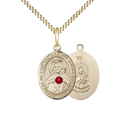 Red Crystal Sacred Heart of Jesus Scapular 14kt Gold-filled Oval Medal Pendant with Gold-plated Chain, Measures 3/4-inch tall by 1/2-inch wide. Deluxe Gift Box, Bliss Manufacturing