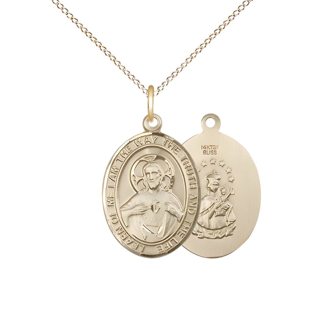 Bliss Sacred Heart of Jesus Scapular 14kt Gold-filled Oval Medal Pendant with Gold-filled Chain, Measures 3/4-inch tall by 1/2-inch wide. Deluxe Gift Box.