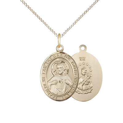 Sacred Heart of Jesus Scapular 14kt Gold-filled Oval Medal Pendant with Gold-filled Chain, Measures 3/4-inch tall by 1/2-inch wide. Deluxe Gift Box, Bliss Manufacturing