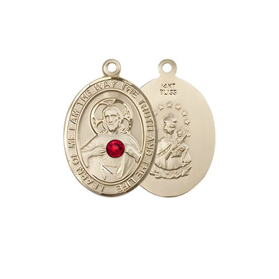 Red Crystal Sacred Heart of Jesus Scapular 14kt Gold Oval Medal Pendant, Measures 3/4-inch tall by 1/2-inch wide. Deluxe Gift Box, Bliss Manufacturing