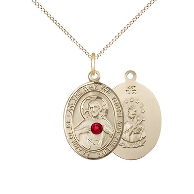 Red Crystal Sacred Heart of Jesus Scapular 14kt Gold Oval Medal Pendant with 14kt Gold Chain, Measures 3/4-inch tall by 1/2-inch wide. Deluxe Gift Box, Bliss Manufacturing