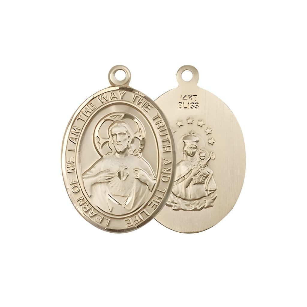 Bliss Sacred Heart of Jesus Scapular 14kt Gold Oval Medal Pendant, Measures 3/4-inch tall by 1/2-inch wide. Deluxe Gift Box.