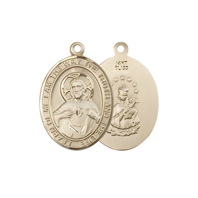 Sacred Heart of Jesus Scapular 14kt Gold Oval Medal Pendant, Measures 3/4-inch tall by 1/2-inch wide. Deluxe Gift Box, Bliss Manufacturing