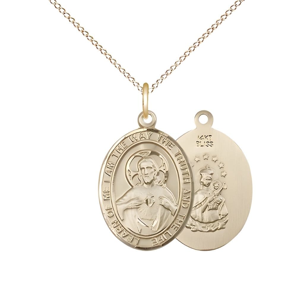 Bliss Sacred Heart of Jesus Scapular 14kt Gold Oval Medal Pendant with 14kt Gold Chain, Measures 3/4-inch tall by 1/2-inch wide. Deluxe Gift Box.