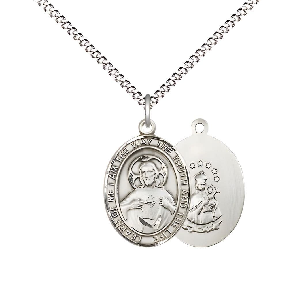 Bliss Sacred Heart of Jesus Scapular Pewter Oval Medal Pendant with Rhodium-plated Chain, Measures 3/4-inch tall by 1/2-inch wide. Deluxe Gift Box.