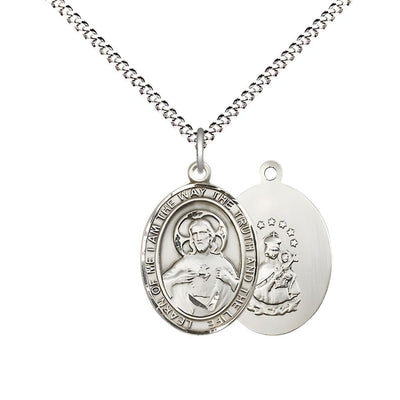 Sacred Heart of Jesus Scapular Pewter Oval Medal Pendant with Rhodium-plated Chain, Measures 3/4-inch tall by 1/2-inch wide. Deluxe Gift Box, Bliss Manufacturing