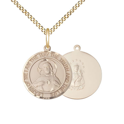 Sacred Heart of Jesus Scapular 14kt Gold-filled Round Medal Pendant with Gold-plated Chain, Measures 3/4-inch tall by 5/8-inch wide. Deluxe Gift Box, Bliss Manufacturing