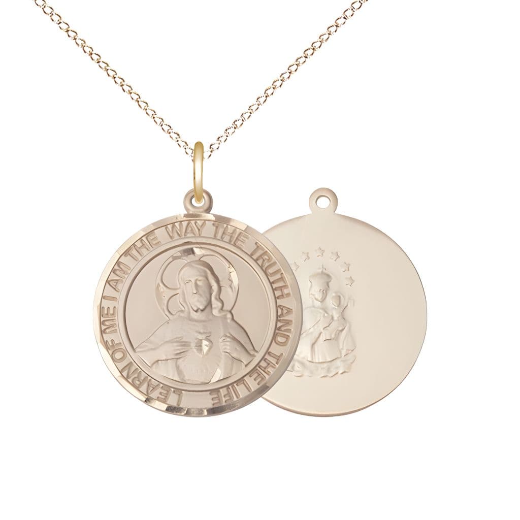 Bliss Sacred Heart of Jesus Scapular 14kt Gold-filled Round Medal Pendant with Gold-filled Chain, Measures 3/4-inch tall by 5/8-inch wide. Deluxe Gift Box.