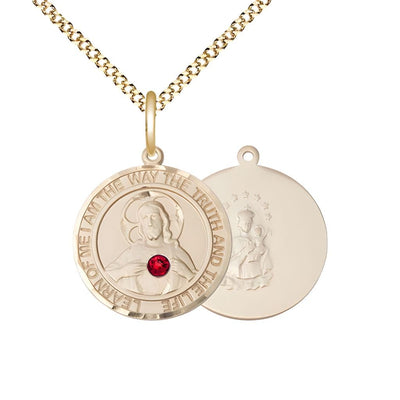 Red Crystal Sacred Heart of Jesus Scapular 14kt Gold-filled Round Medal Pendant with Gold-plated Chain, Measures 3/4-inch tall by 5/8-inch wide. Deluxe Gift Box, Bliss Manufacturing