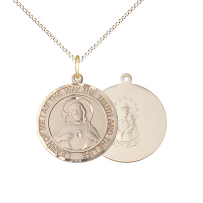 Sacred Heart of Jesus Scapular 14kt Gold Round Medal Pendant with 14kt Gold Chain, Measures 3/4-inch tall by 5/8-inch wide. Deluxe Gift Box, Bliss Manufacturing
