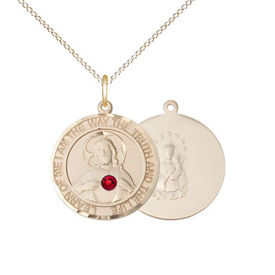 Red Crystal Sacred Heart of Jesus Scapular 14kt Gold Round Medal Pendant with 14kt Gold Chain, Measures 3/4-inch tall by 5/8-inch wide. Deluxe Gift Box, Bliss Manufacturing