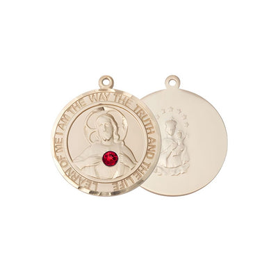Red Crystal Sacred Heart of Jesus Scapular 14kt Gold Round Medal Pendant, Measures 3/4-inch tall by 5/8-inch wide. Deluxe Gift Box, Bliss Manufacturing