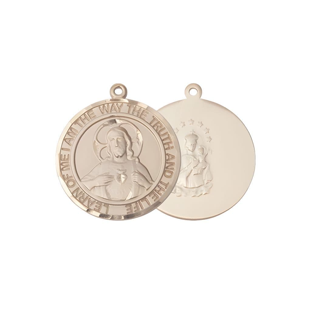 Bliss Sacred Heart of Jesus Scapular 14kt Gold Round Medal Pendant, Measures 3/4-inch tall by 5/8-inch wide. Deluxe Gift Box.
