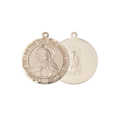 Sacred Heart of Jesus Scapular 14kt Gold Round Medal Pendant, Measures 3/4-inch tall by 5/8-inch wide. Deluxe Gift Box, Bliss Manufacturing