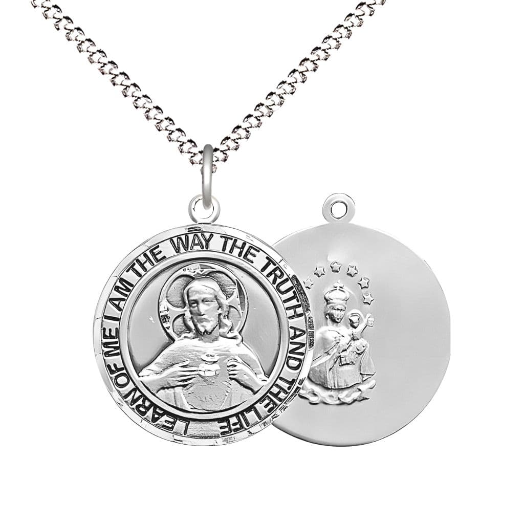 Bliss Sacred Heart of Jesus Scapular Pewter Round Medal Pendant with Rhodium-plated Chain, Measures 3/4-inch tall by 5/8-inch wide. Deluxe Gift Box.