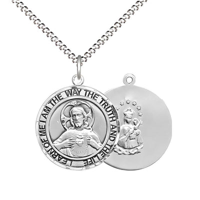 Sacred Heart of Jesus Scapular Pewter Round Medal Pendant with Rhodium-plated Chain, Measures 3/4-inch tall by 5/8-inch wide. Deluxe Gift Box, Bliss Manufacturing
