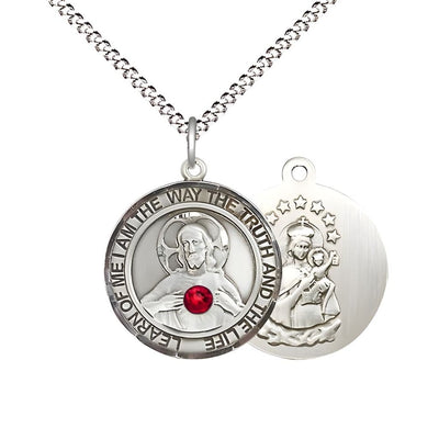 Red Crystal Sacred Heart of Jesus Scapular Sterling Silver Round Medal Pendant with Rhodium-plated Chain, Measures 3/4-inch tall by 5/8-inch wide. Deluxe Gift Box, Bliss Manufacturing