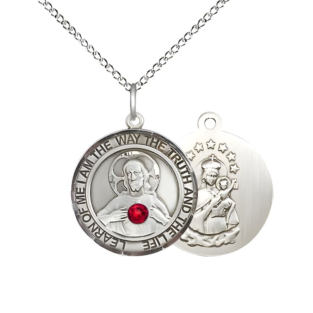 Bliss Red Crystal Sacred Heart of Jesus Scapular Sterling Silver Round Medal Pendant with Sterling Silver Chain, Measures 3/4-inch tall by 5/8-inch wide. Deluxe Gift Box.