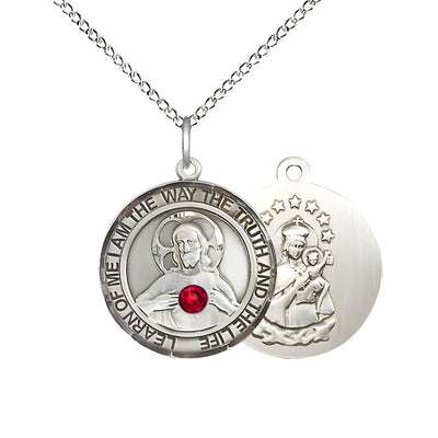 Red Crystal Sacred Heart of Jesus Scapular Sterling Silver Round Medal Pendant with Sterling Silver Chain, Measures 3/4-inch tall by 5/8-inch wide. Deluxe Gift Box, Bliss Manufacturing