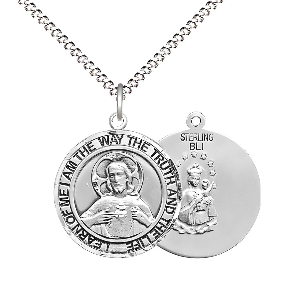 Bliss Sacred Heart of Jesus Scapular Sterling Silver Round Medal Pendant with Rhodium-plated Chain, Measures 3/4-inch tall by 5/8-inch wide. Deluxe Gift Box.