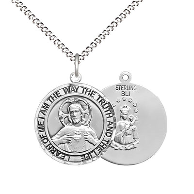 Sacred Heart of Jesus Scapular Sterling Silver Round Medal Pendant with Rhodium-plated Chain, Measures 3/4-inch tall by 5/8-inch wide. Deluxe Gift Box, Bliss Manufacturing